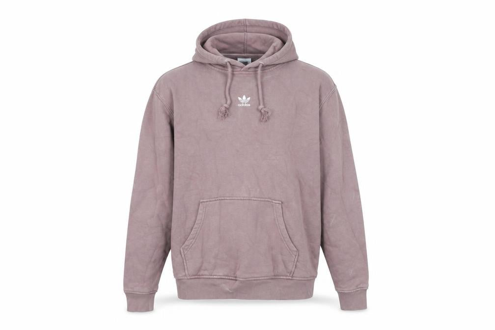 Front view of Adidas men’s brown pullover hoodie, size L, logo fleece sweatshirt