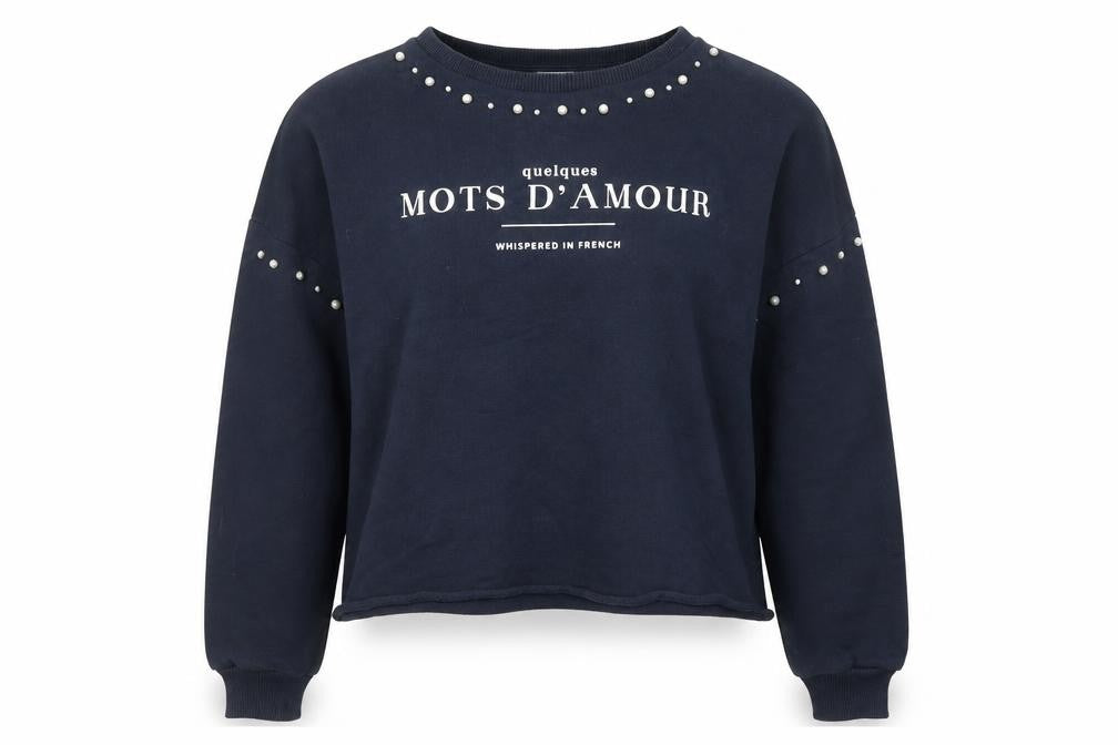 Front view of River Island women’s navy blue studded pullover sweatshirt m