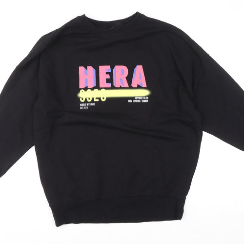 HERA Mens Black Sweatshirt S Crew Neck Graphic Print Cotton