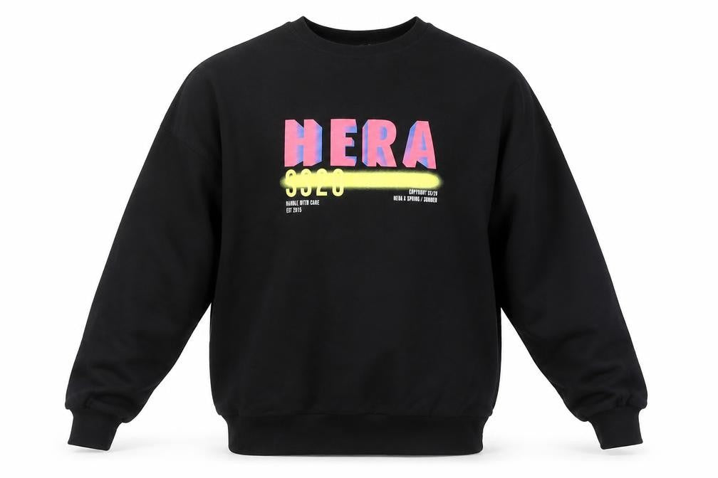 Front view of HERA men’s black sweatshirt s crew neck graphic print cotton