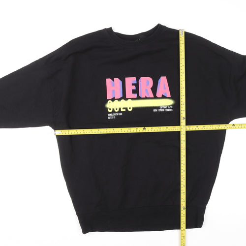 HERA Mens Black Sweatshirt S Crew Neck Graphic Print Cotton