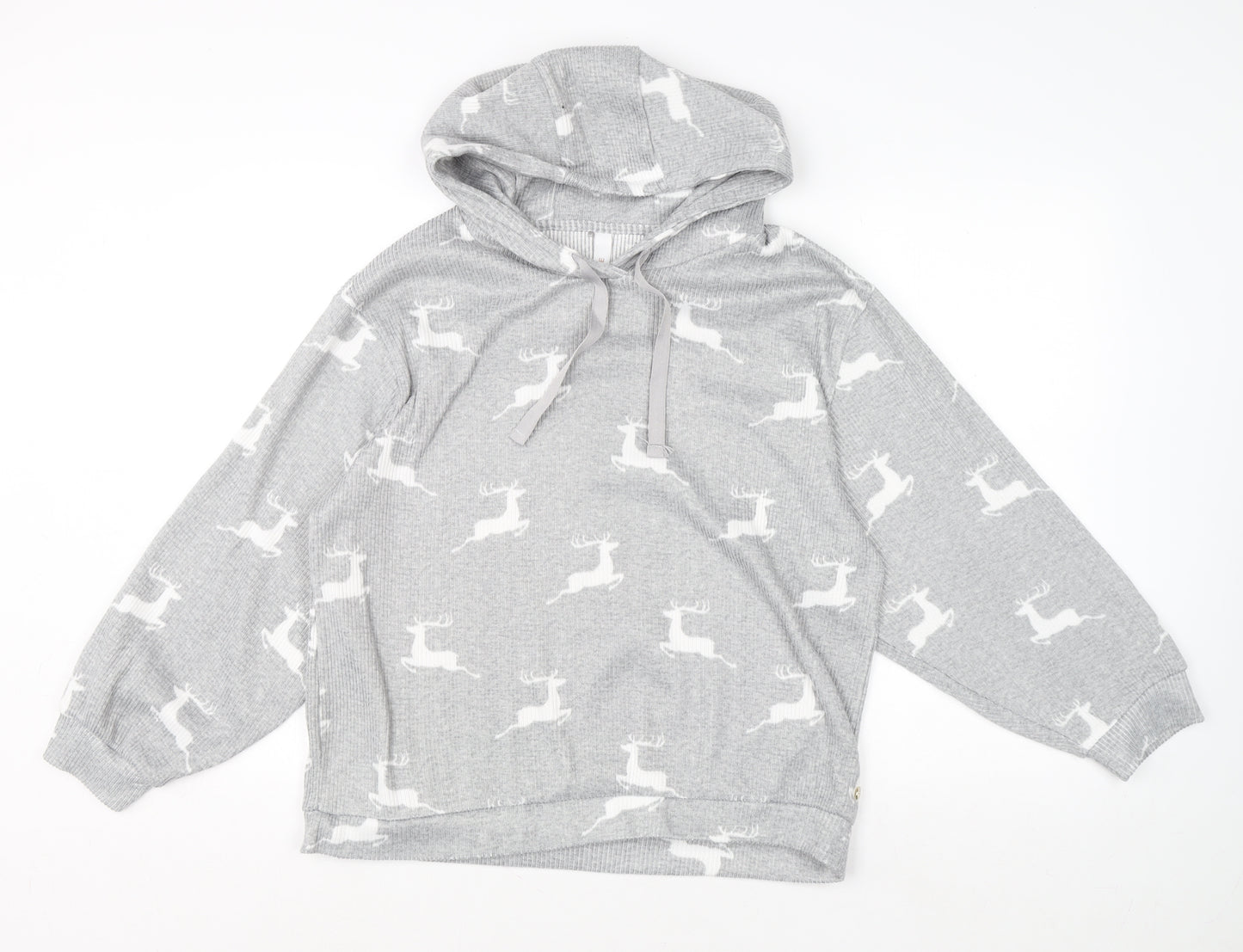 George Women Grey Reindeer Hooded Pyjama Top Size 12-14 Winter Knit