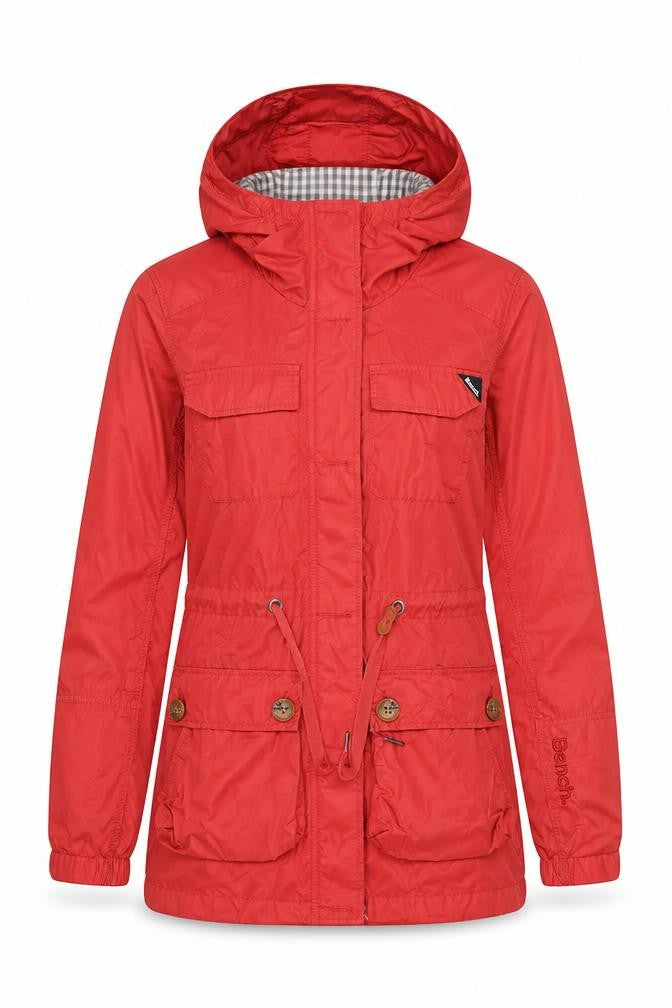 Front view of Bench Women's Red Hooded Parka Jacket XS Cotton Blend