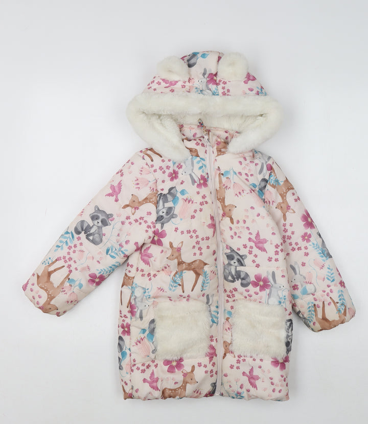 Little Kids Girls Multicoloured Animal Print Puffer Coat 4-5 Years Hooded Winter Jacket