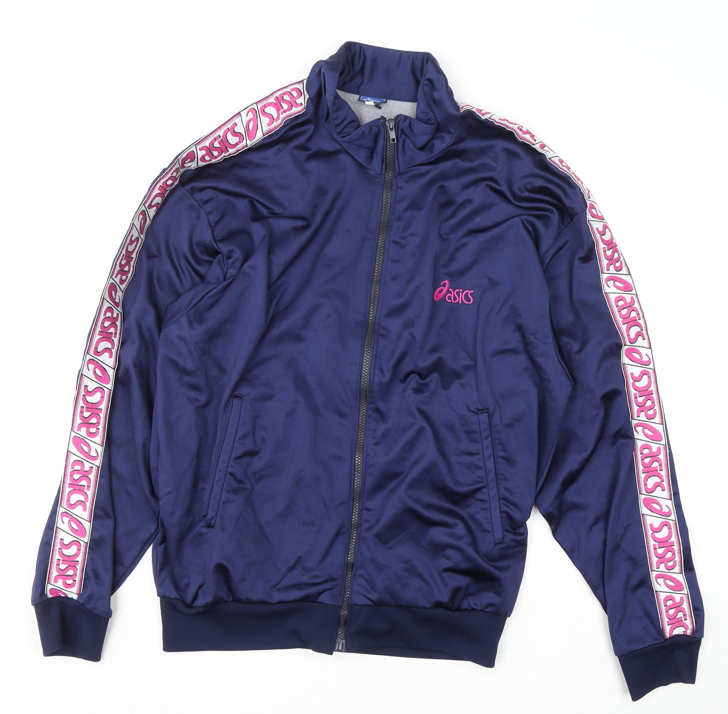 Asics Men Blue Full Zip Sweatshirt L Logo Tape Track Top