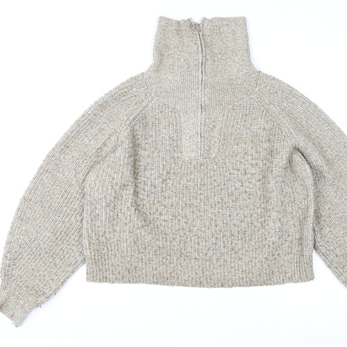 Pull & Bear Women’s Beige Chunky Knit High Neck Zip Jumper Size 12