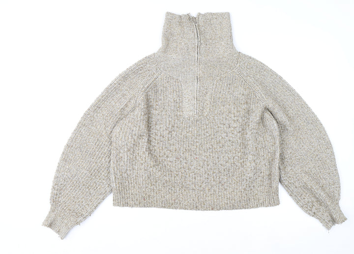 Pull & Bear Women’s Beige Chunky Knit High Neck Zip Jumper Size 12