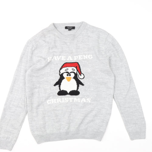 boohooMAN Men's Grey L Christmas Penguin Crew Neck Jumper