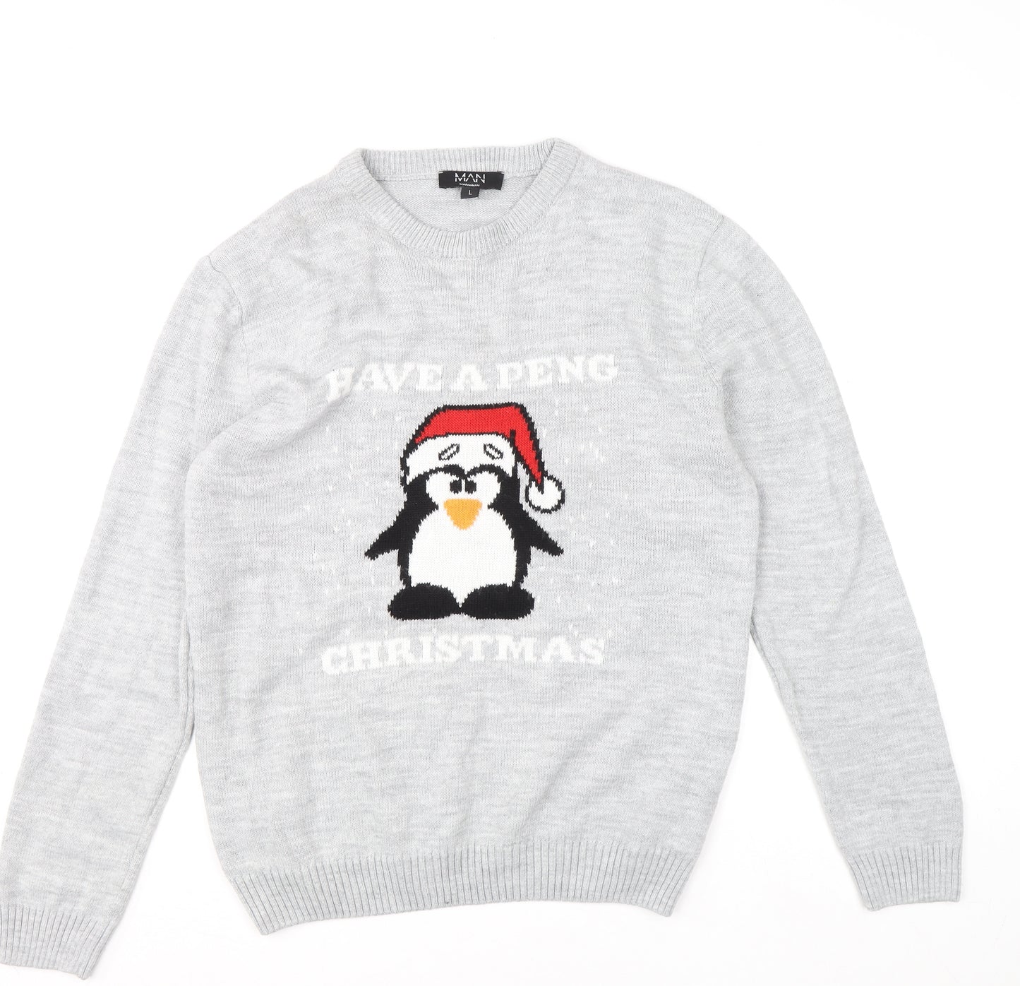 boohooMAN Men's Grey L Christmas Penguin Crew Neck Jumper