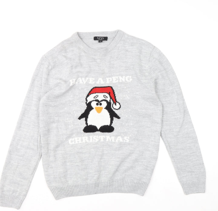 boohooMAN Men's Grey L Christmas Penguin Crew Neck Jumper