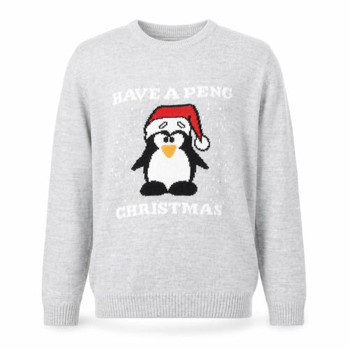 boohooMAN Men's Grey L Christmas Penguin Crew Neck Jumper