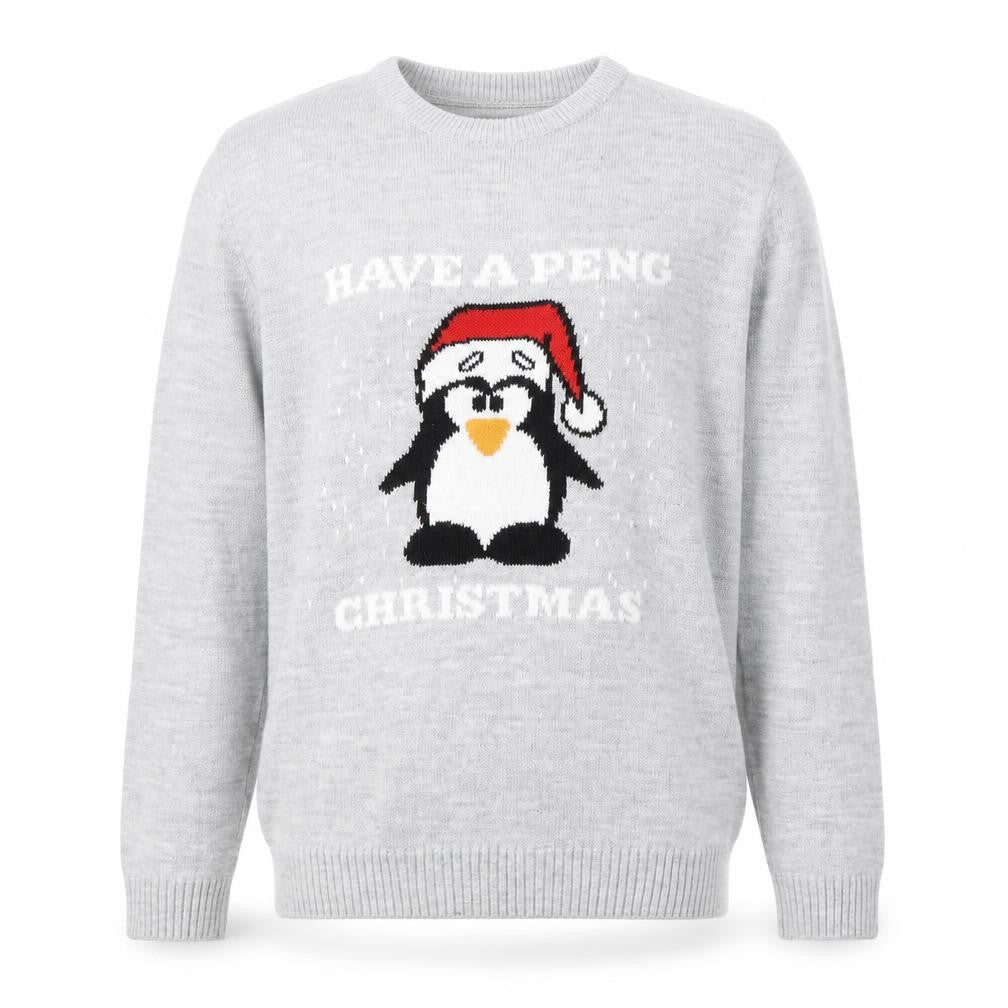 boohooMAN Men's Grey L Christmas Penguin Crew Neck Jumper