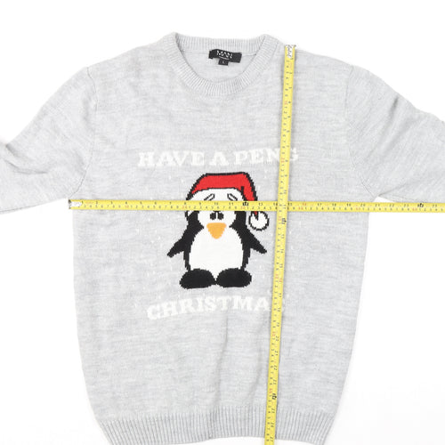 boohooMAN Men's Grey L Christmas Penguin Crew Neck Jumper