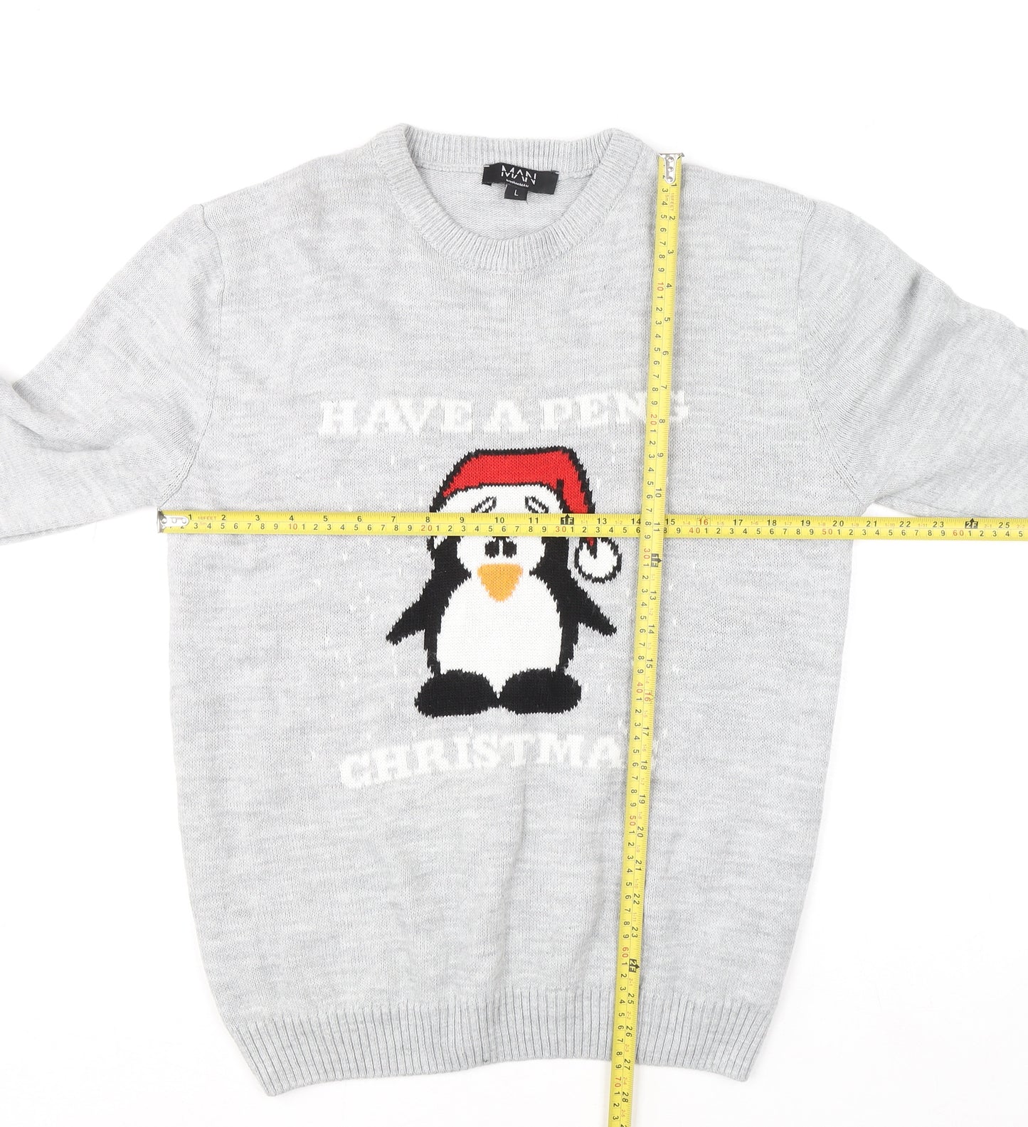 boohooMAN Men's Grey L Christmas Penguin Crew Neck Jumper