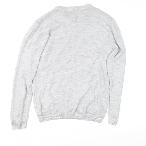 boohooMAN Men's Grey L Christmas Penguin Crew Neck Jumper
