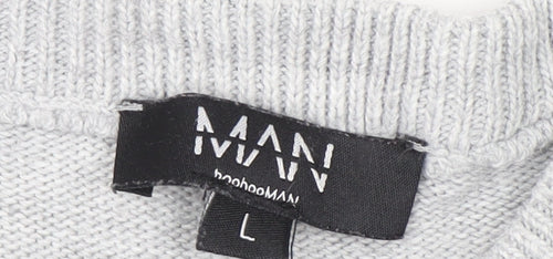 boohooMAN Men's Grey L Christmas Penguin Crew Neck Jumper