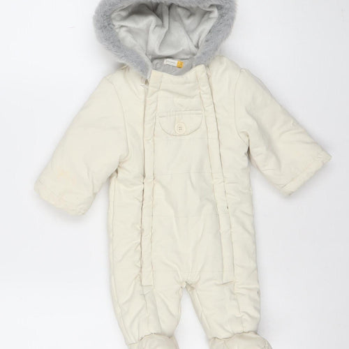 John Lewis Unisex Ivory Hooded Puffer Snowsuit 0-3 Months Winter Warm Lined