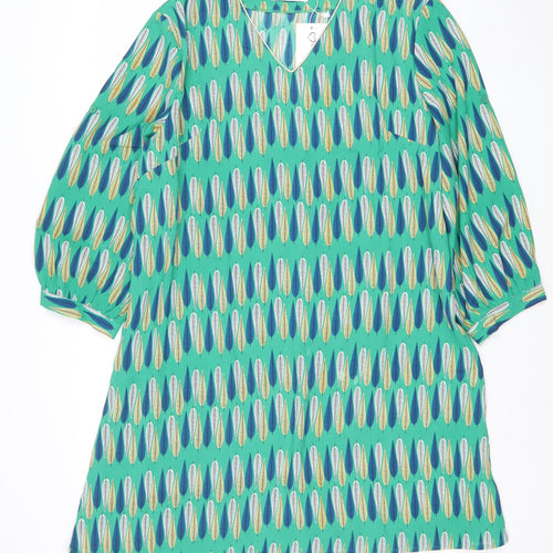 Christy Womens Green Geometric Shift Dress Size 15 V-Neck Casual