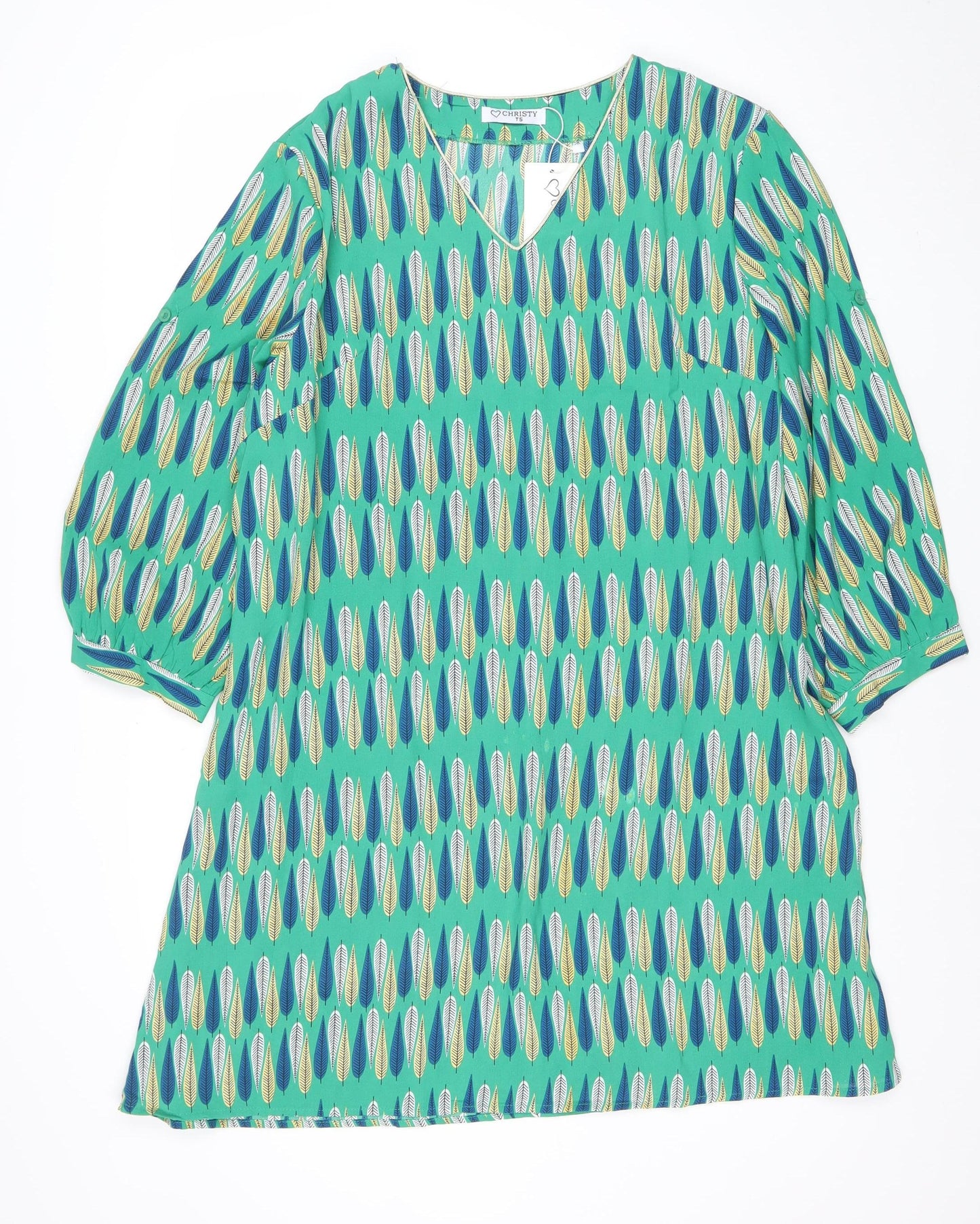 Christy Womens Green Geometric Shift Dress Size 15 V-Neck Casual