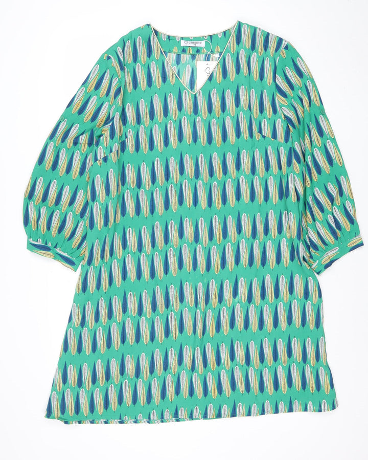 Christy Womens Green Geometric Shift Dress Size 15 V-Neck Casual