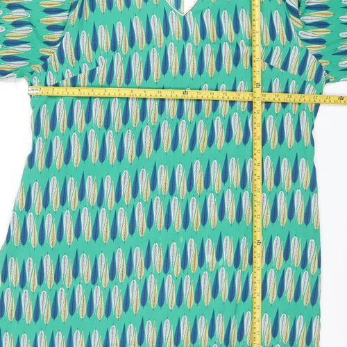 Christy Womens Green Geometric Shift Dress Size 15 V-Neck Casual