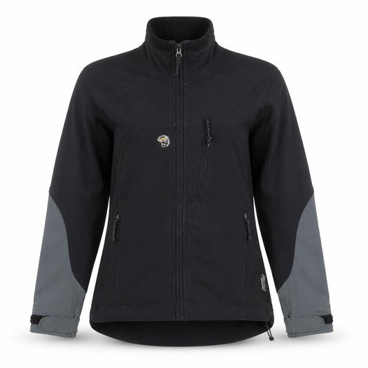 Front view of Mountain Hardwear women’s black softshell jacket, size UK 10, windproof
