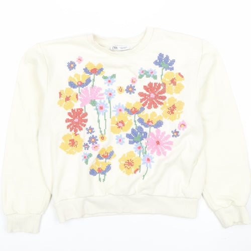 Zara Women Ivory Floral Pullover Sweatshirt Size S Cotton Blend