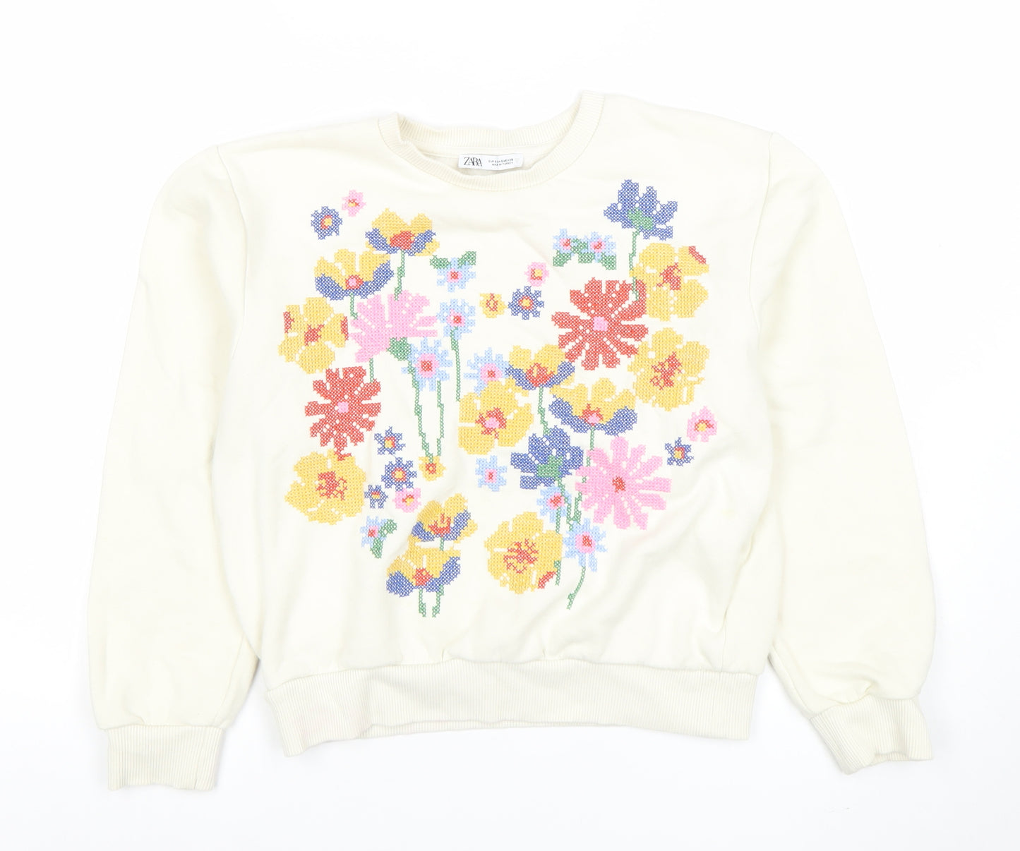 Zara Women Ivory Floral Pullover Sweatshirt Size S Cotton Blend