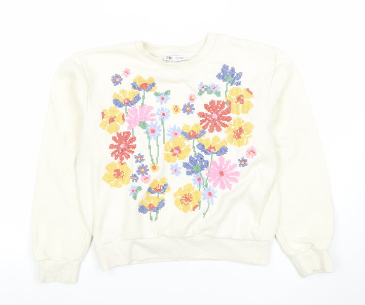 Zara Women Ivory Floral Pullover Sweatshirt Size S Cotton Blend