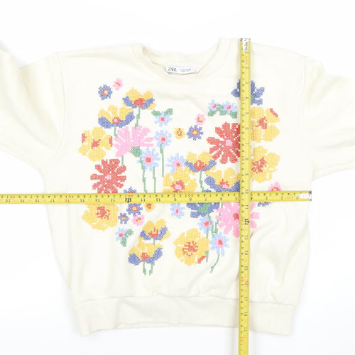 Zara Women Ivory Floral Pullover Sweatshirt Size S Cotton Blend