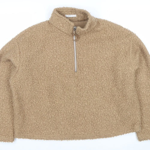 Zara Women Beige 1/2 Zip Fleece Pullover Sweatshirt Size S