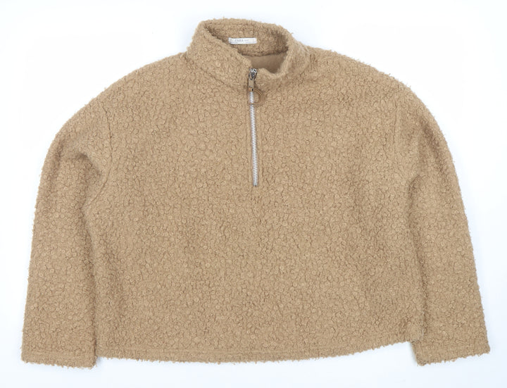 Zara Women Beige 1/2 Zip Fleece Pullover Sweatshirt Size S