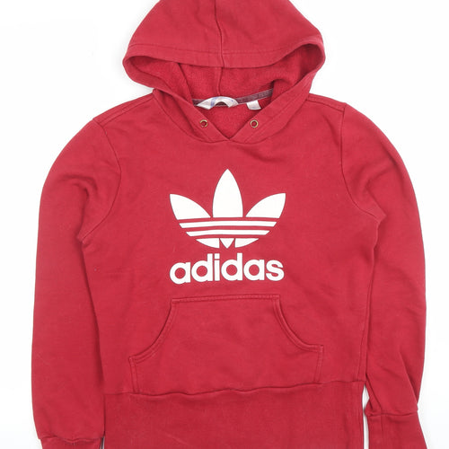 Adidas Women Red Pullover Hoodie Size 8 Cotton Blend Logo Sweatshirt