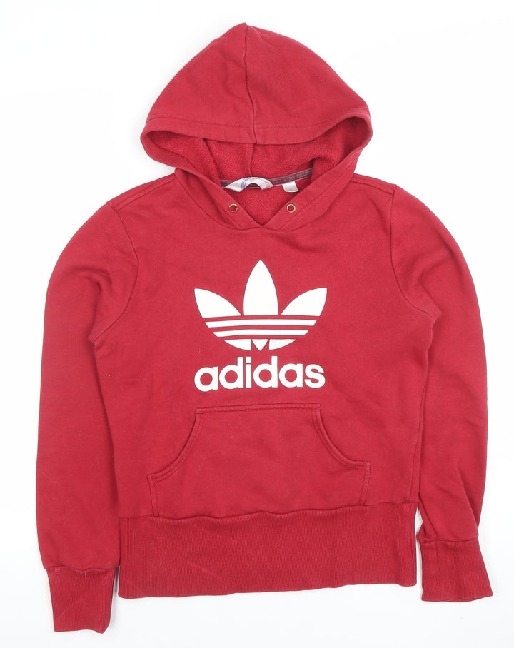 Adidas Women Red Pullover Hoodie Size 8 Cotton Blend Logo Sweatshirt
