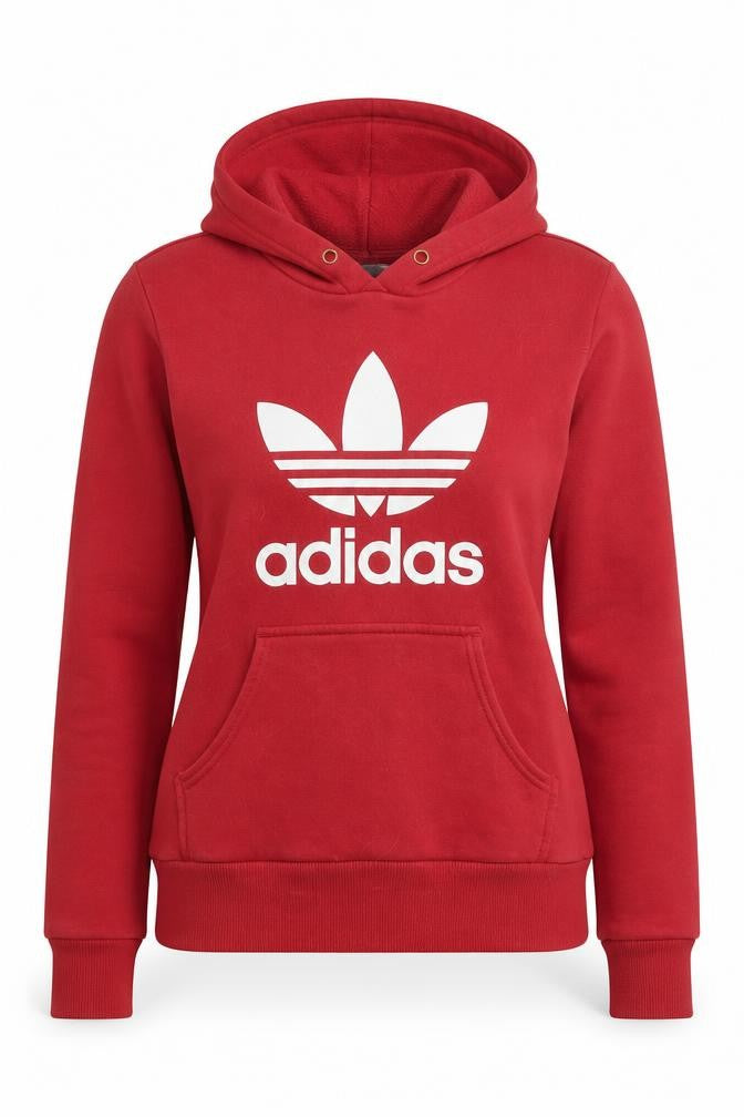 Front view of Adidas Women Red Pullover Hoodie, size 8, Cotton Blend Logo Sweatshirt