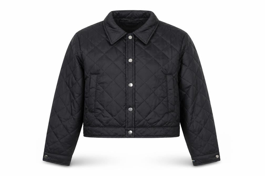 Front view of Fever City Women's Black Quilted Cropped Jacket, size M