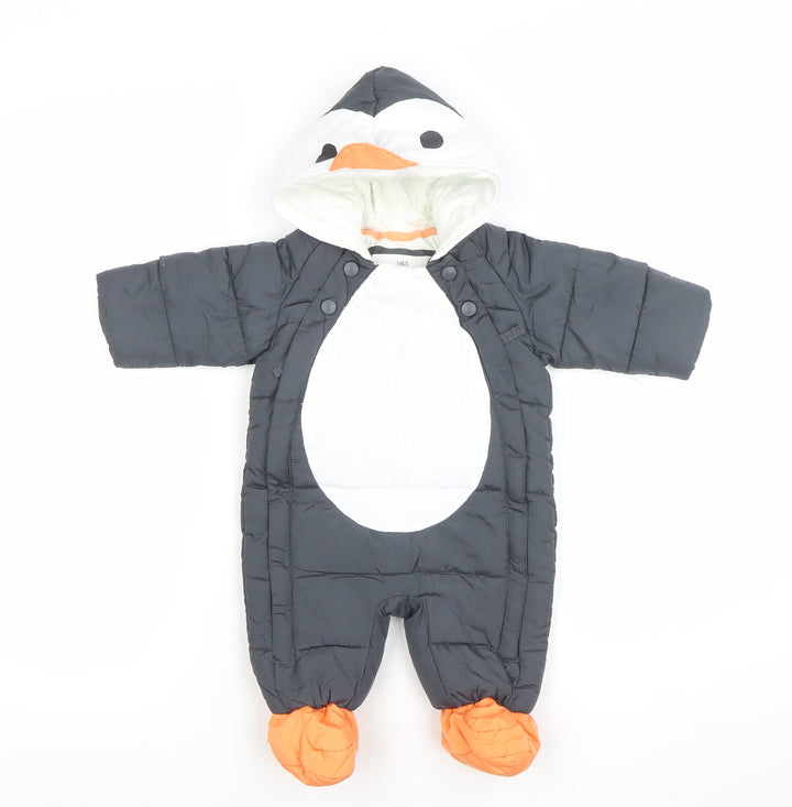 Marks and Spencer Unisex Baby Black Penguin Puffer Snowsuit 0-3 Months Winter Hooded