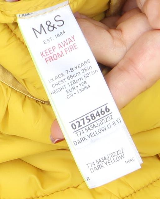 Marks and Spencer Boys Yellow Hooded Puffer Jacket 7-8 Years