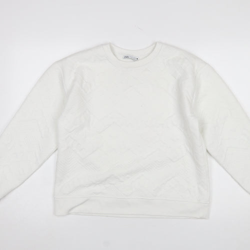 Zara Women White Textured Crew Neck Long Sleeve Sweatshirt Size S