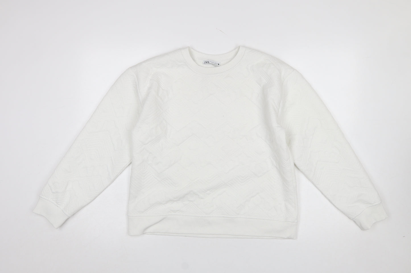 Zara Women White Textured Crew Neck Long Sleeve Sweatshirt Size S