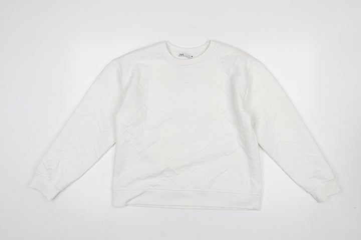 Zara Women White Textured Crew Neck Long Sleeve Sweatshirt Size S