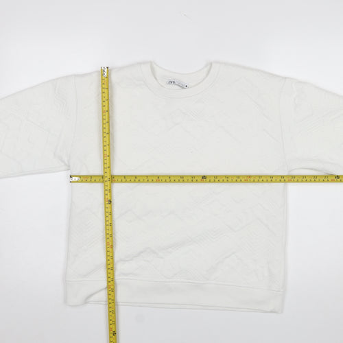 Zara Women White Textured Crew Neck Long Sleeve Sweatshirt Size S