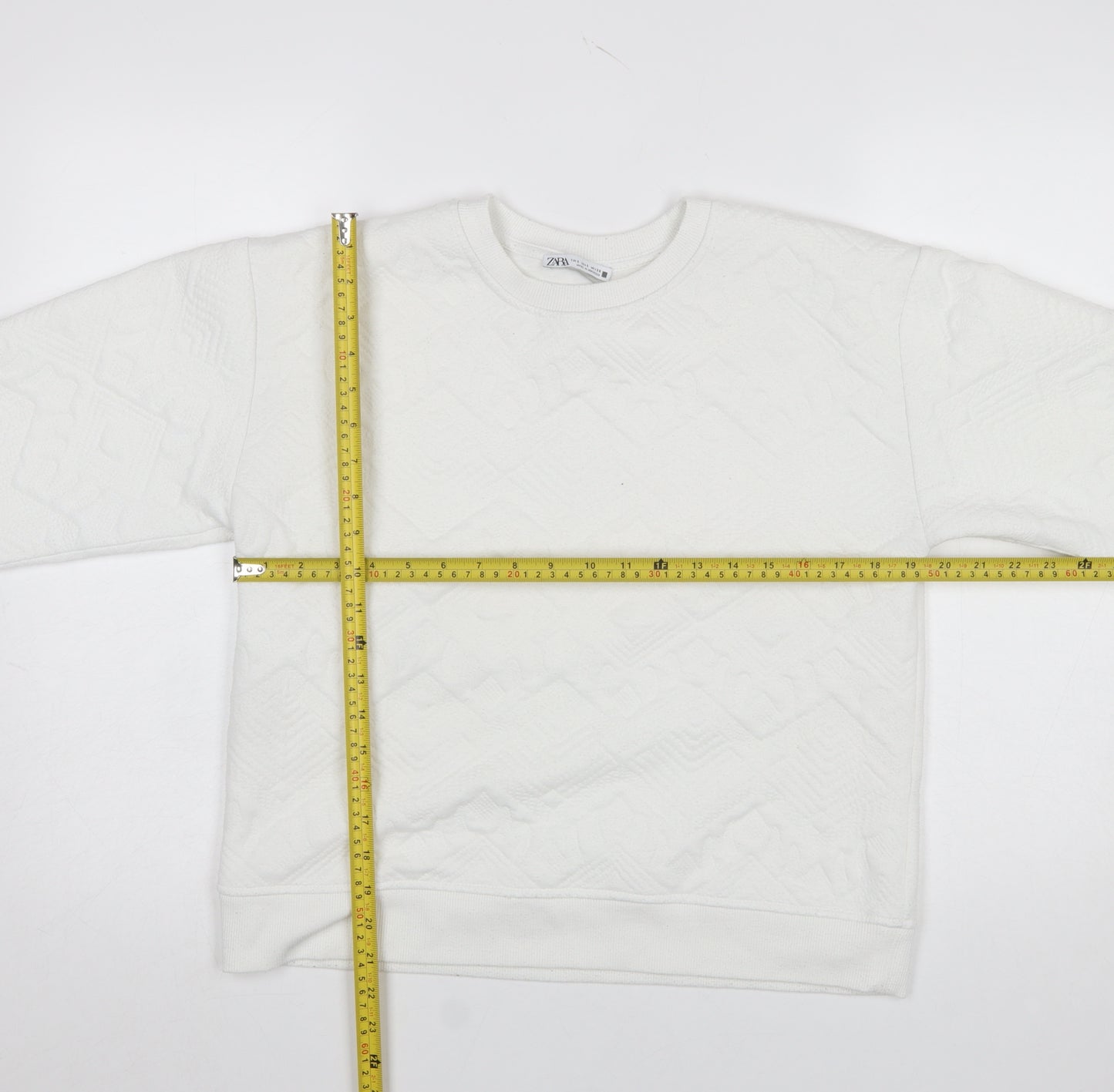 Zara Women White Textured Crew Neck Long Sleeve Sweatshirt Size S
