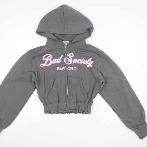 Bad Society Club Women's Grey Full Zip Hoodie XS Cropped Graphic