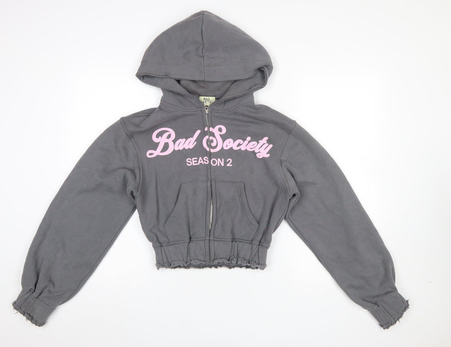 Bad Society Club Women's Grey Full Zip Hoodie XS Cropped Graphic