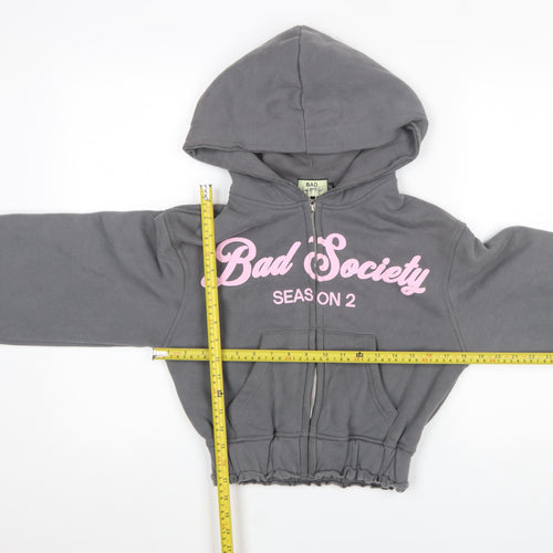Bad Society Club Women's Grey Full Zip Hoodie XS Cropped Graphic
