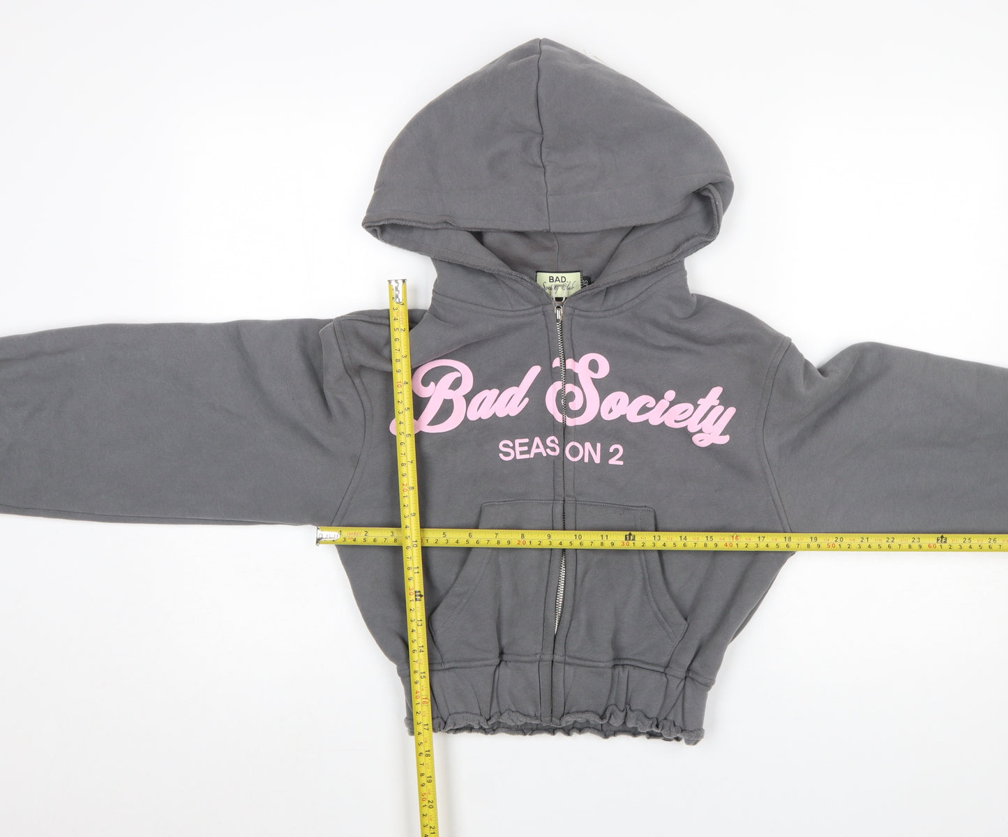 Bad Society Club Women's Grey Full Zip Hoodie XS Cropped Graphic