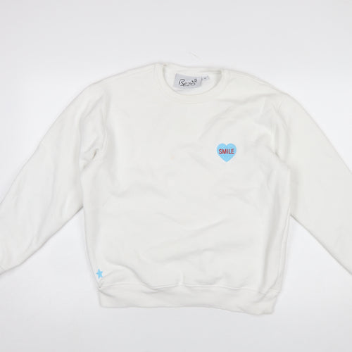 Bezo Women White Pullover Sweatshirt Medium Cotton Blend Smile Print