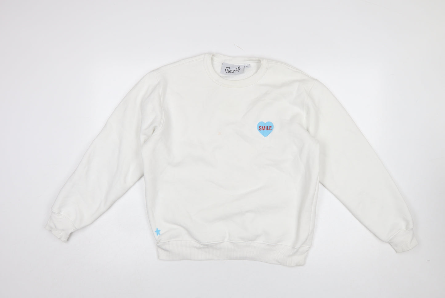 Bezo Women White Pullover Sweatshirt Medium Cotton Blend Smile Print