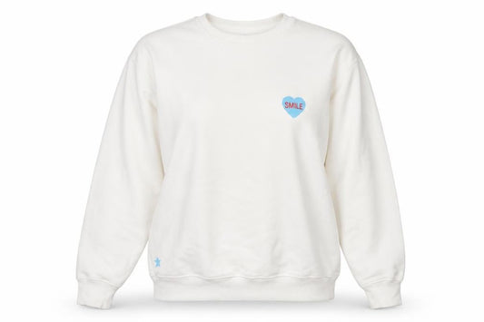 Front view of Bezo Women White Pullover Sweatshirt Medium Cotton Blend Smile Print